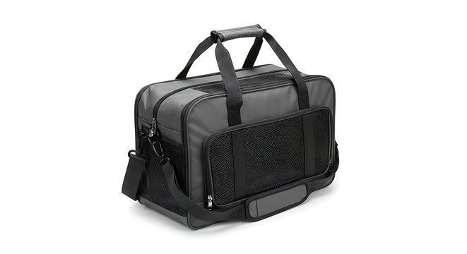 Black and gray rectangular travel duffel bag with a front mesh pocket carry handles and a shoulder strap.
