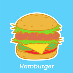 Cartoon illustration of a hamburger with a bun, patty, cheese, lettuce, and tomato on a light blue background.
