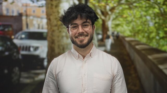 Young man with a beard and glasses smiling on a sunny street with cars and trees lining the background.