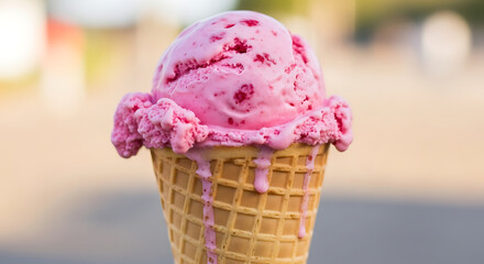 A pink ice cream cone melting in the summer heat