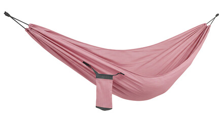 Lightweight pink portable camping hammock with an attached stuff sack suspended.