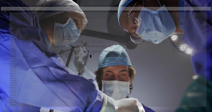 Three surgeons confirming vitals dissecting tissue and collecting specimen with data overlays