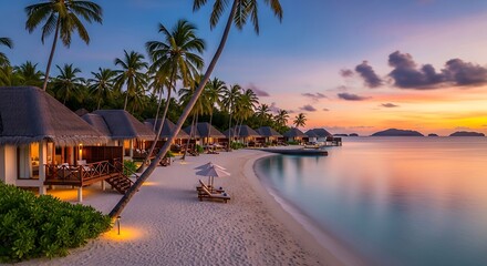 Idyllic tropical resort with overwater bungalows at dusk, palm trees sway gently