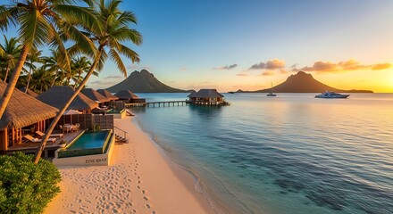 Tropical paradise with overwater bungalows and palm trees at sunset