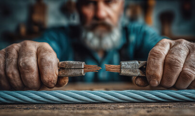 A skilled craftsman carefully joining two cable ends with tools. This image showcases the precision and expertise required for the task