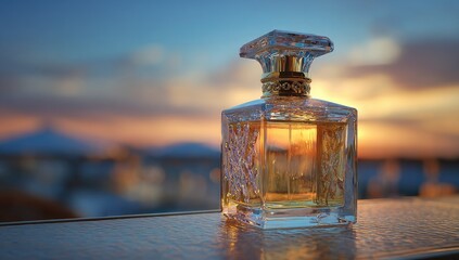Luxurious perfume bottle at sunset