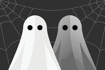 Spooky Season Illustration Featuring Two Cartoon Ghosts with Black Eyes Against a Dark Background with Spiderwebs for Halloween