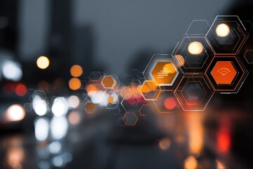 Abstract cityscape overlayed with interconnected hexagons displaying technology icons