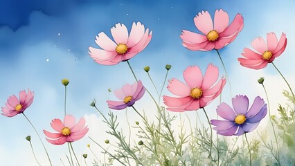 青空に映えるコスモスのイラスト