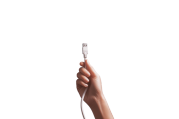 A hand holds a white USB charging cable