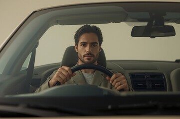 Obraz premium Man driving car, studio shot, neutral background, advertising