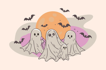 Whimsical Halloween Illustration Featuring Cute Ghosts Gathered Under a Full Moon with Bats Flying Around Perfect for Holiday