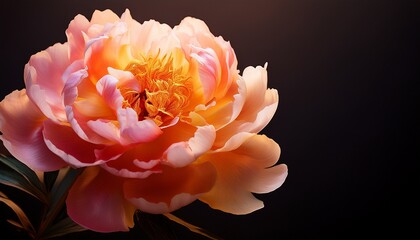 a striking peony displays its intricately layered petals in shades of pink and orange illuminated beautifully against a dark backdrop in springtime