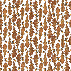 Seamless pattern of parallel rows of oak leaves and acorns. Hand-drawn illustration with watercolor and ink. Drawing for poster, tableware, cards, scrapbooking. Autumn, tree, ocher, foliage, nut