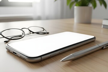 Modern smartphone with blank white screen on wooden office desk with accessories