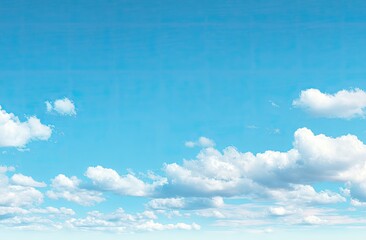 Wide shot of a vibrant, light blue sky with scattered, puffy white clouds