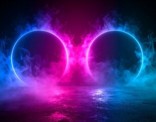 Abstract neon circles on a concrete floor