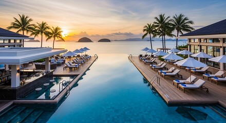 Sunset over tropical resort with infinity pool and ocean view