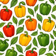 Colorful Bell Peppers with Green Leaves Pattern on White Background for Food Design