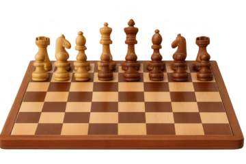Wooden chessboard with all chess pieces standing on transparent background