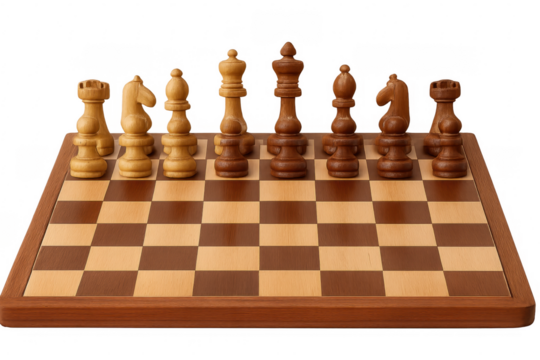 Wooden chessboard with all chess pieces standing on transparent background