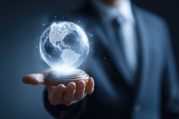 A person in a suit holds a holographic globe