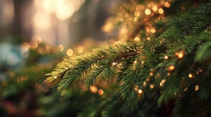 Close-up of Christmas tree branch with warm lights