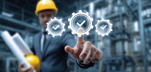 Businessman in hard hat, pointing at three translucent gears with check marks, in a factory setting