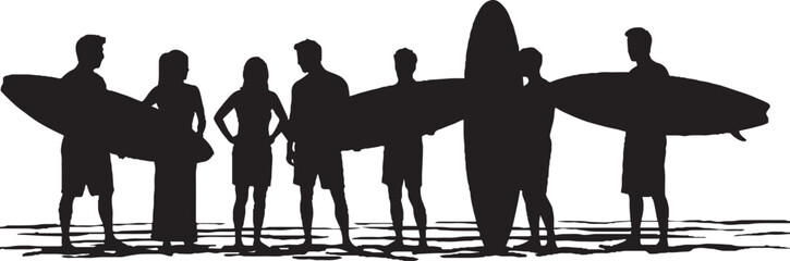 Surfers Group Silhouettes on Beach with Boards, Summer Water Sport Vector Graphic