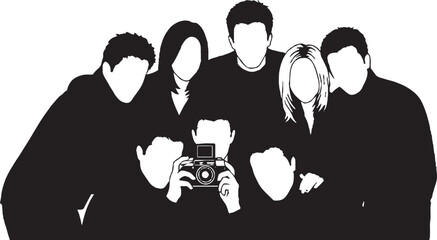 Diverse Friends Group Silhouette with Camera Minimalist Vector Illustration of Photography Moment