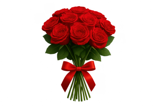 Bouquet of red roses tied with a red ribbon on transparent background