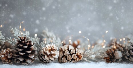 Festive pine cones and string lights on snow