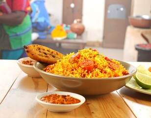 Bowl of vibrant rice dish with grilled banana