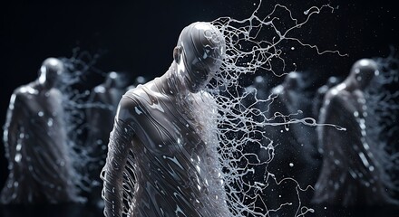 A humanoid figure dissolves into a network of white threads amidst a crowd of similar disintegrating forms on a dark background.