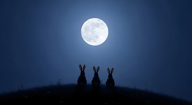 Three rabbits gaze at the full moon in a serene night landscape, a mystical scene with a dark silhouette against the celestial sky, evoking a sense of wonder