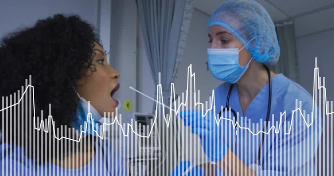 Nurse removing swab and collecting test sample from patient for testing while waveform animating