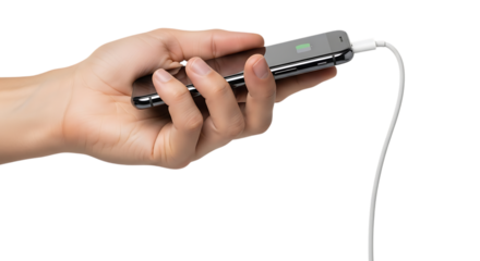 Hand holding a smartphone connected to a portable power bank charging