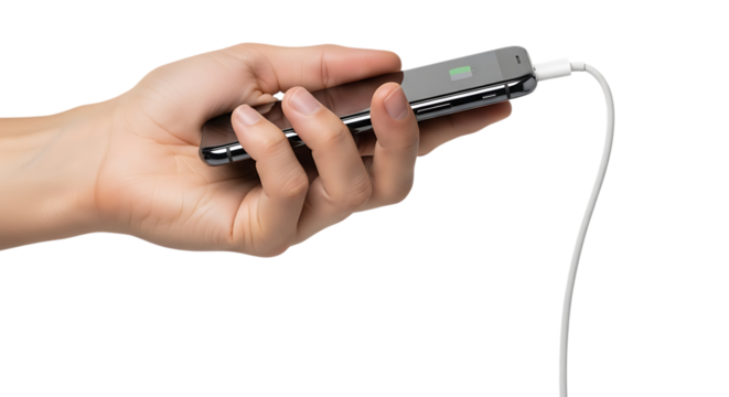 Hand holding a smartphone connected to a portable power bank charging