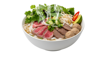 Delicious vietnamese beef pho noodle soup with fresh herbs and meat