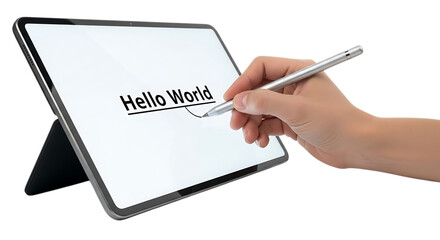 Hand writing hello world on a digital tablet with a stylus