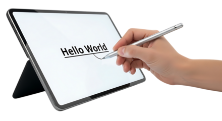 Hand writing hello world on a digital tablet with a stylus