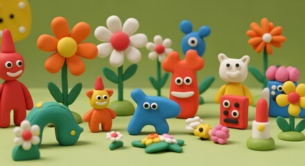 Fototapeta premium A delightful collection of colorful clay figurines and flowers arranged on a green surface, perfect for adding a touch of whimsy to any project