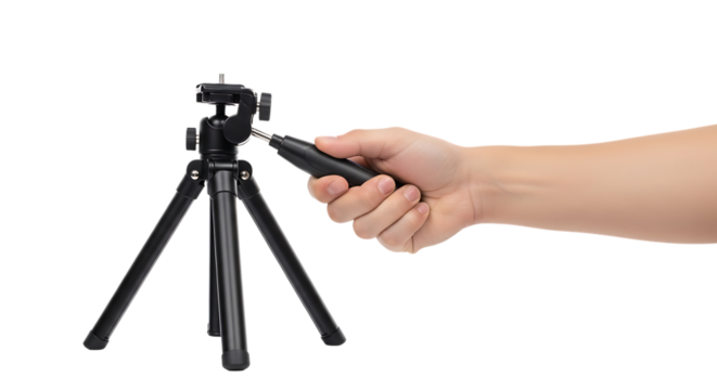 Hand holding a remote control to adjust a small camera tripod