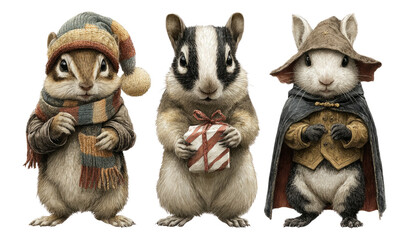 Fototapeta premium Cute Animals in Holiday Costumes with Gifts on Transparent Background