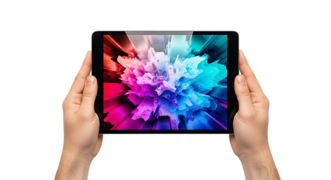Hands holding a tablet displaying vibrant colorful abstract explosion on a black background - Powered by Adobe