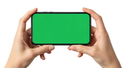 Hands holding a smartphone with a green screen on a black background