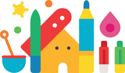 Colorful Flat Design Icon Set for Children s Art Supplies and Creative Activities Featuring Pencils Crayons Paint and