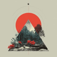 Abstract triangle graphic; nature scene within, red sun, dark trees, and flowing water