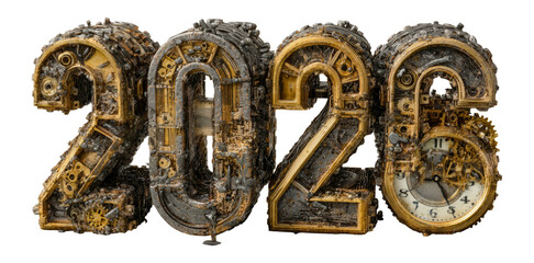 Obraz premium Vintage Mechanical Style 2026 New Year Clipart on Transparent Background