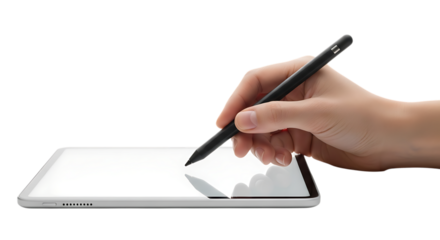Person s hand using a stylus pen on a digital drawing tablet